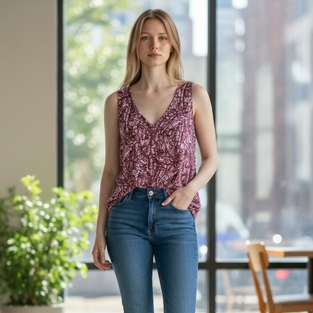 Nordstrom Everyday Womens XS V-Neck Sleeveless Abstract Blouse Burgandy NWT